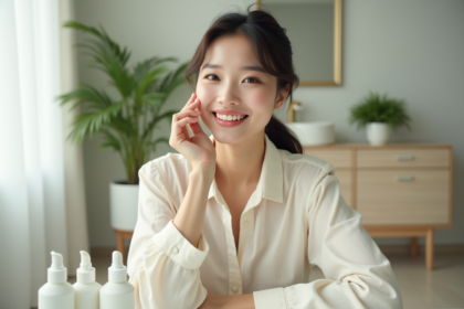 Jeune femme koreenne appliquant un serum visage dans un intérieur lumineux