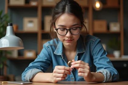 Jeune femme examine une bague en or avec une loupe