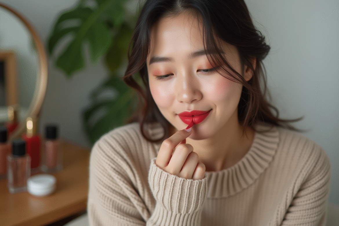 Jeune femme appliquant du rouge à lèvres matte dans un intérieur moderne