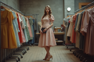 Jeune femme élégante en robe vintage 1950s en backstage