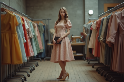 Jeune femme élégante en robe vintage 1950s en backstage