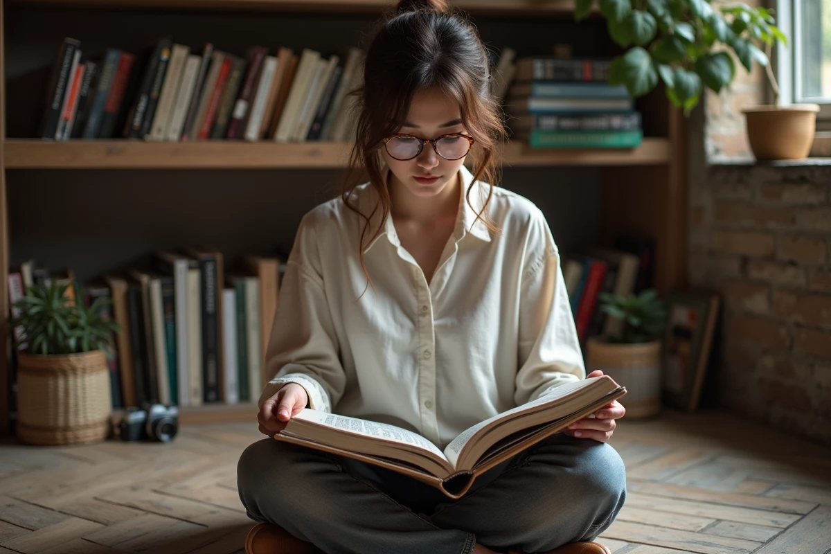 Jeune femme contemplant un monographie de photographie dans un espace de travail créatif avec des étagères remplies de livres d'art
