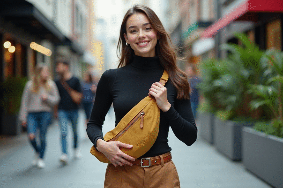 Jeune femme ajustant un sac banane urbain dans la rue
