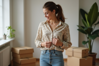 Jeune femme inspectant son vêtement avec un sourire naturel