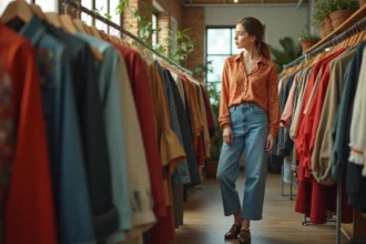 Jeune femme vintage boutique portant blouse seventies et jeans