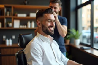 Jeune homme espagnol avec coupe fade dans un salon moderne