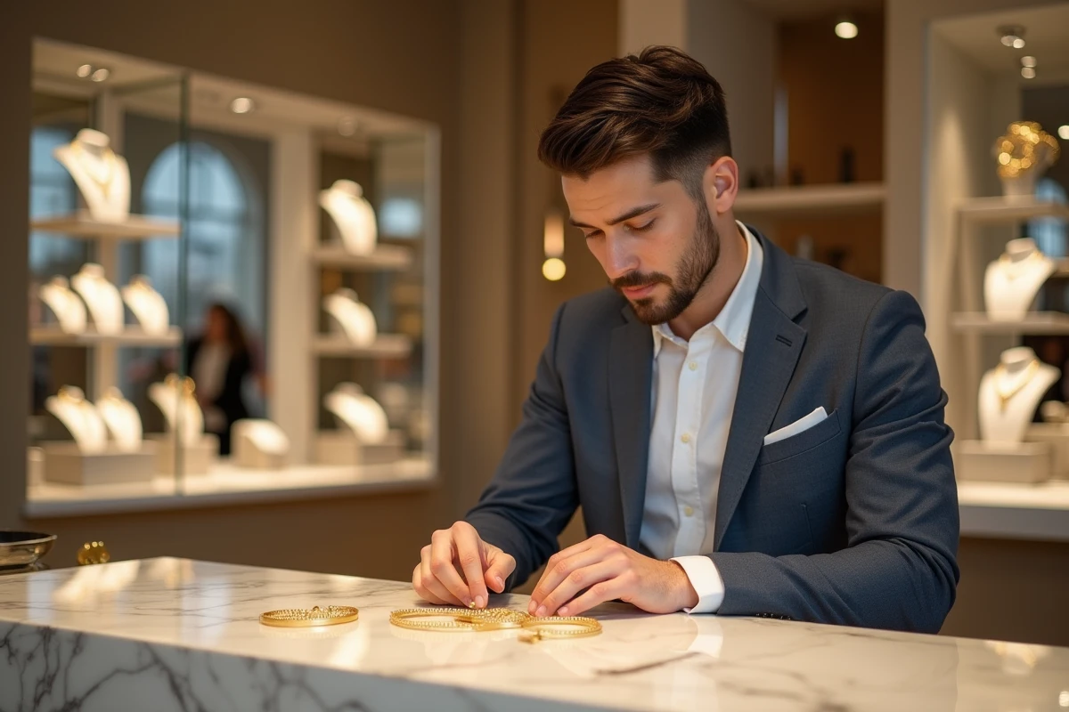 Jeune homme examine des bijoux en or dans une boutique