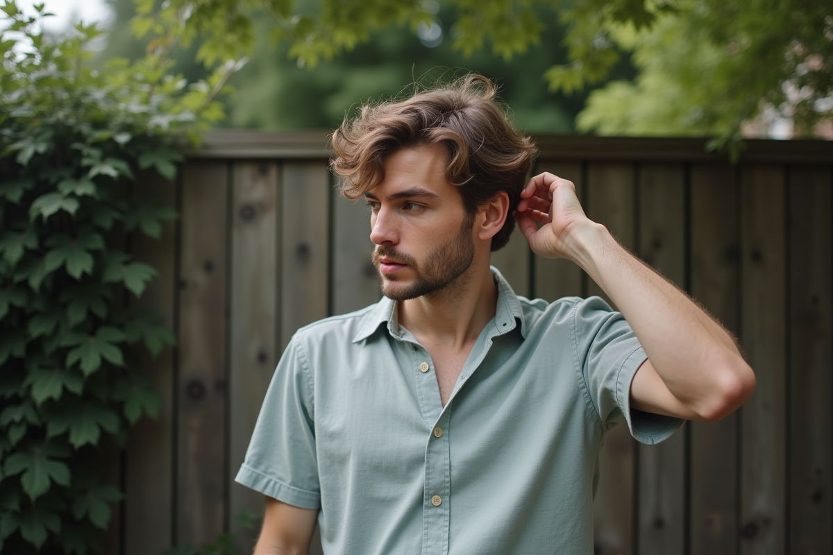 Jeune homme avec cheveux coupés dans un jardin