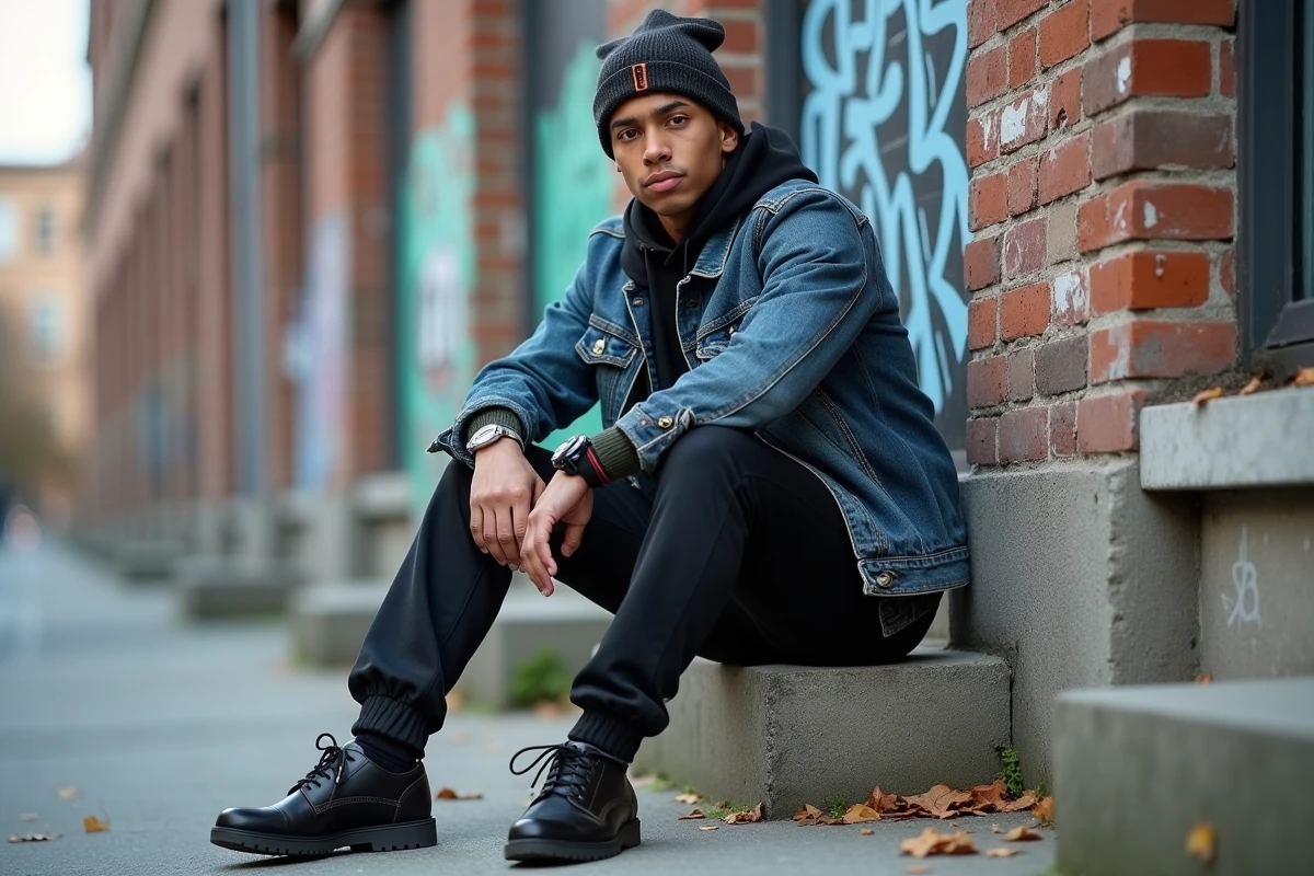 Jeune homme assis sur un mur graffite avec vêtements détaillés