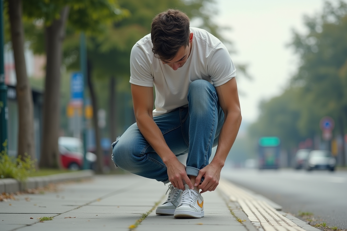 Jeune homme ajustant ses sneakers en ville