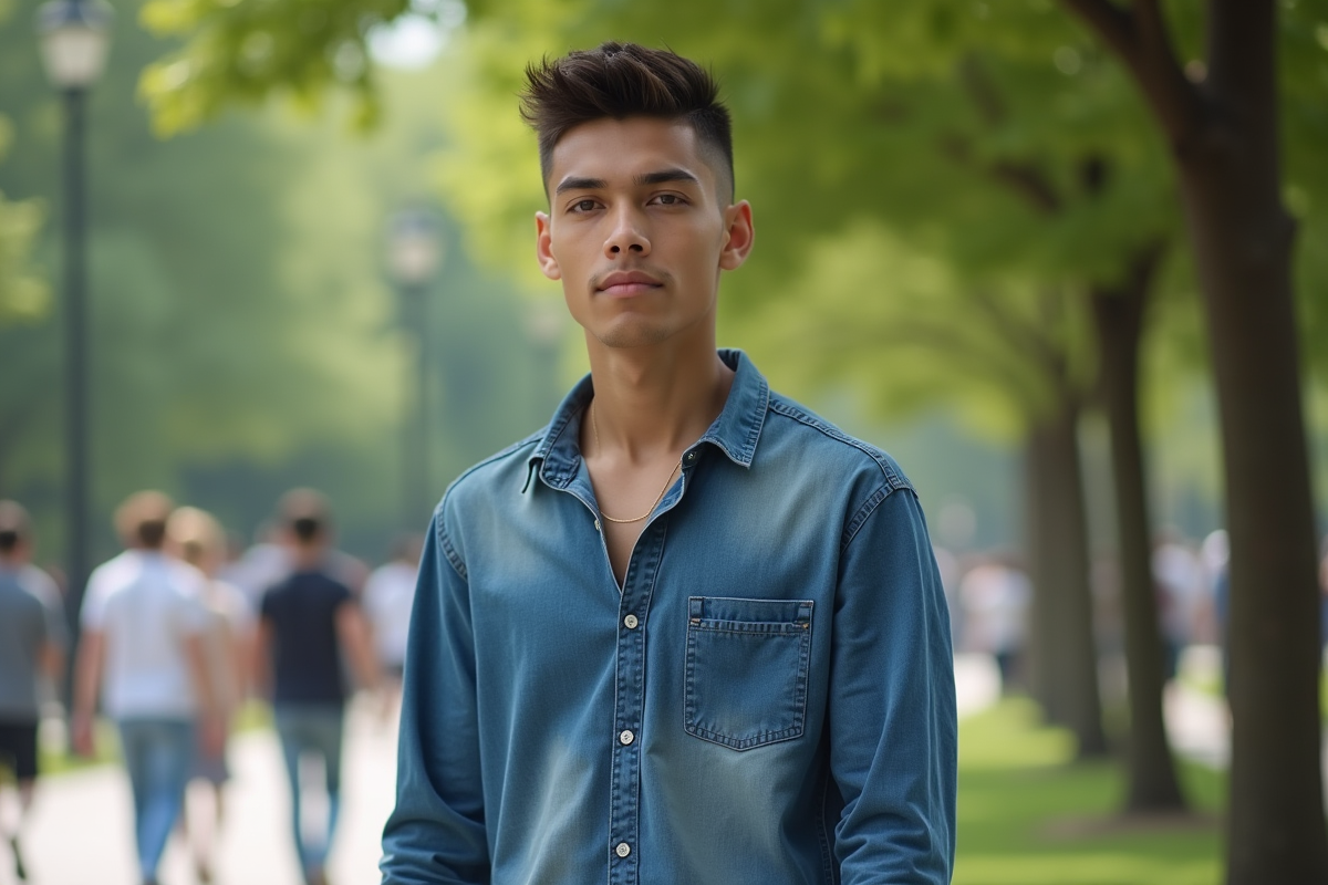 Jeune homme avec coupe textured dans un parc urbain