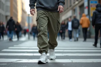 Jeune homme en streetwear urbain marche dans la ville