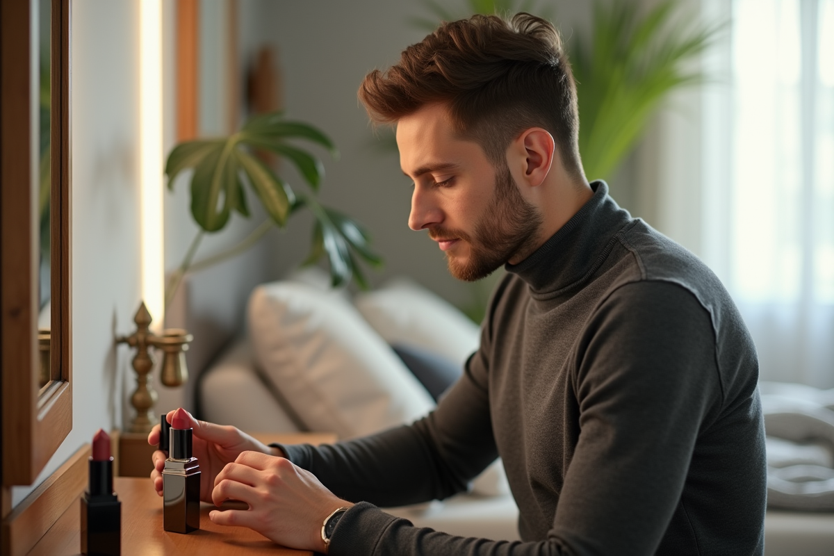 Jeune homme examinant des rouges à lèvres satinés