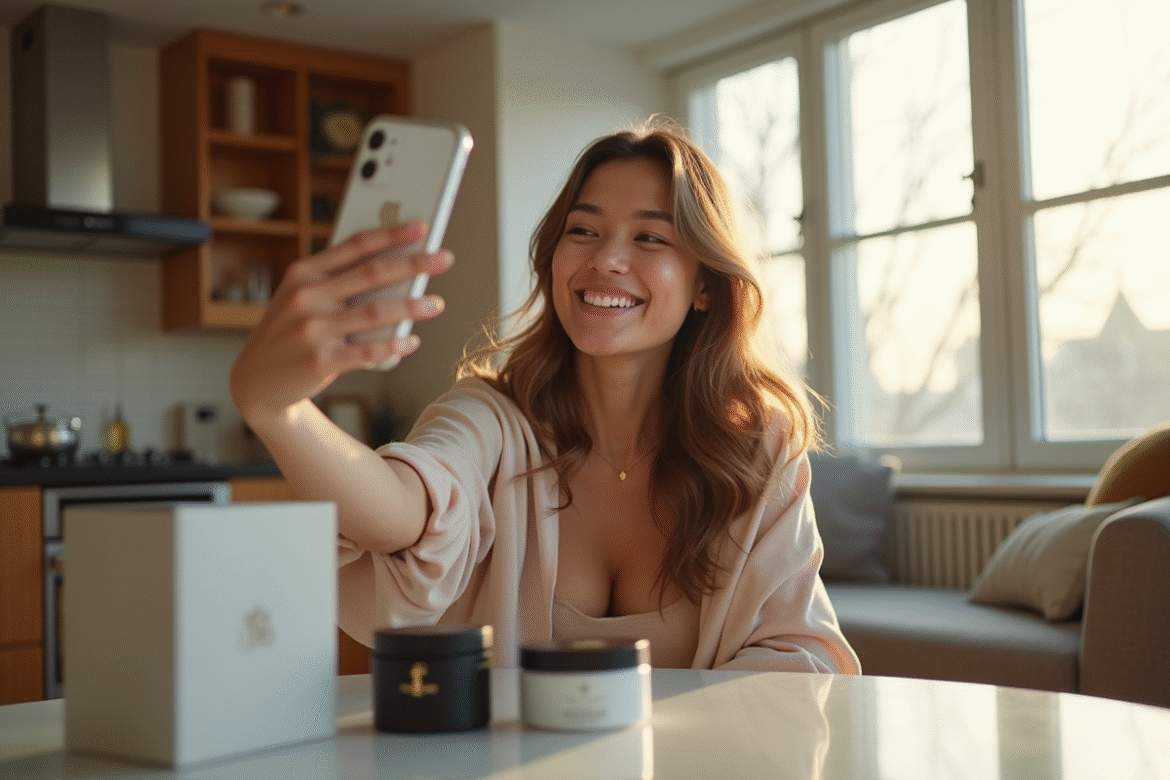 Jeune influenceuse prenant un selfie dans un appartement moderne