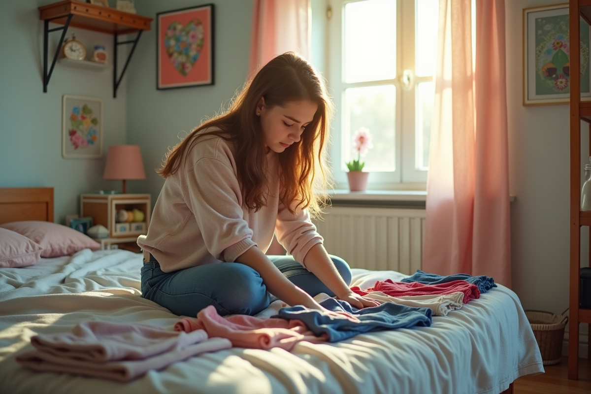 Adolescent choisissant une tenue dans une chambre lumineuse