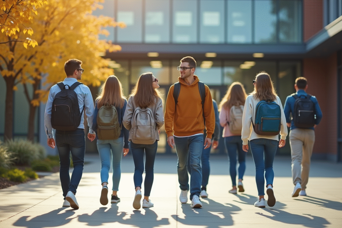 Groupe de lycéens devant une école moderne en journée
