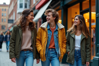 Groupe de jeunes souriants sortant d'une boutique tendance en ville