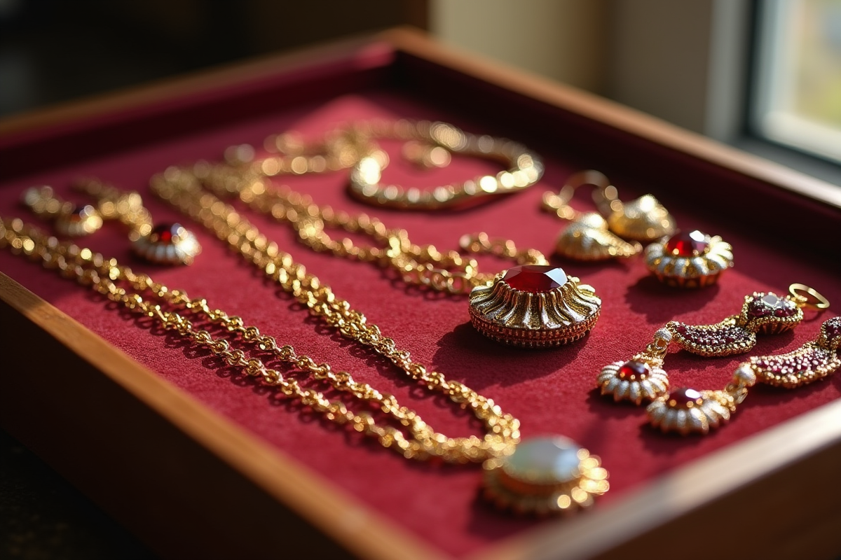 Collection de bijoux en or et pierres précieuses sur un plateau