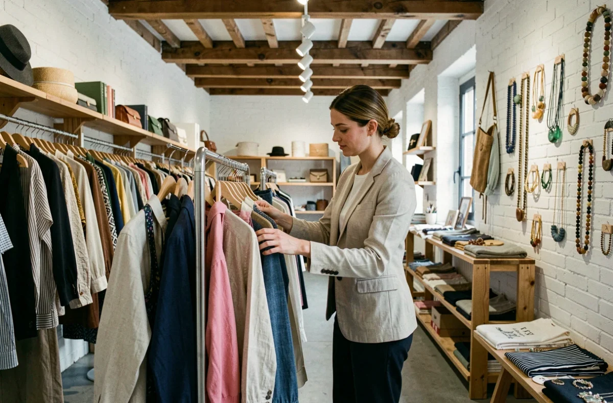 Intérieur de La Loge des Créateurs à Lyon, boutique collective avec expositions de vêtements et bijoux artisanaux