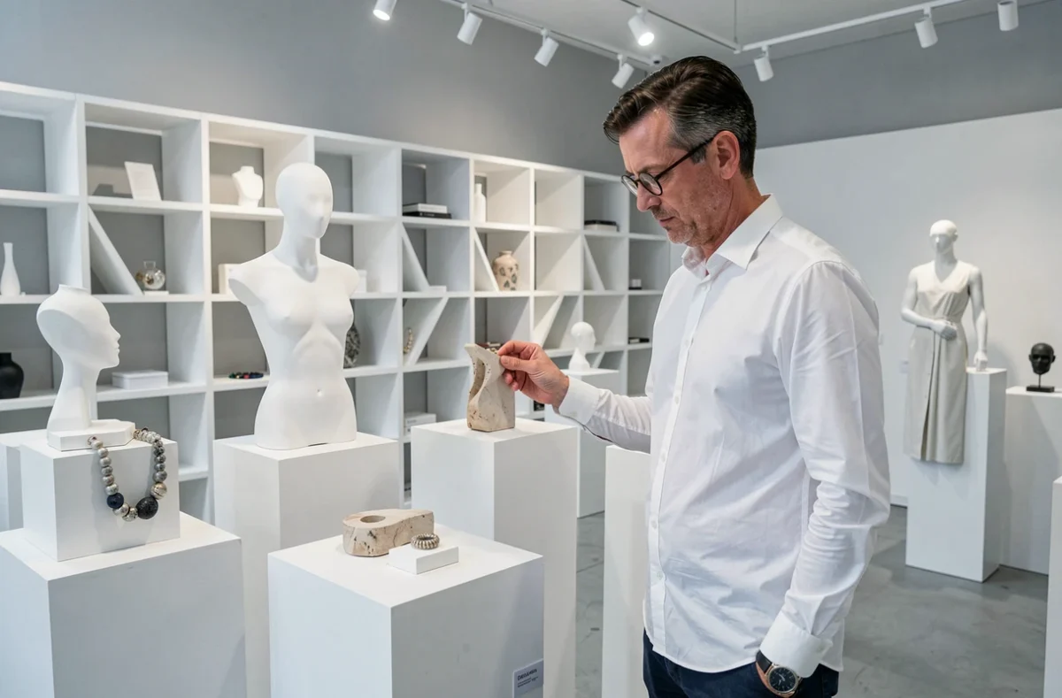Le Lab dans le Rhône, espace boutique expérimental aux fixtures blanches avec prototypes de mode sculptés et bijoux artisanaux