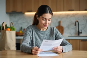 Femme lisant attentivement une fiche produit avant de finaliser ses achats dans une cuisine moderne