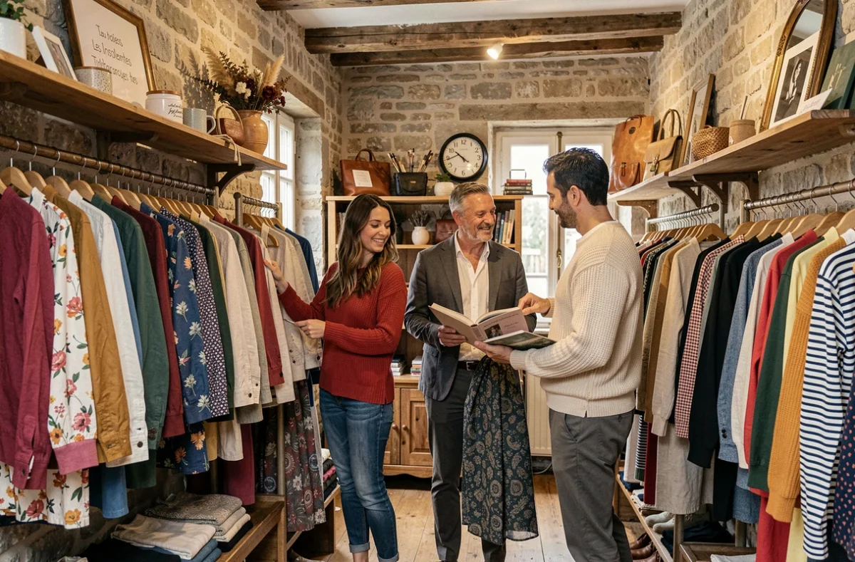 Groupe de clients parcourant les collections multimarques mixtes de la boutique Les Insolentes à Arcisses