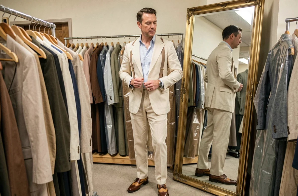 Homme essayant un costume vintage années 30 en lin crème dans une boutique de location de vêtements rétro