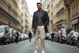 Homme élégant en blazer oversize gris et pantalon large crème, tendance mode homme 2026 dans une rue parisienne