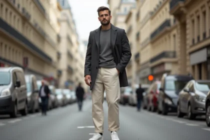 Homme élégant en blazer oversize gris et pantalon large crème, tendance mode homme 2026 dans une rue parisienne
