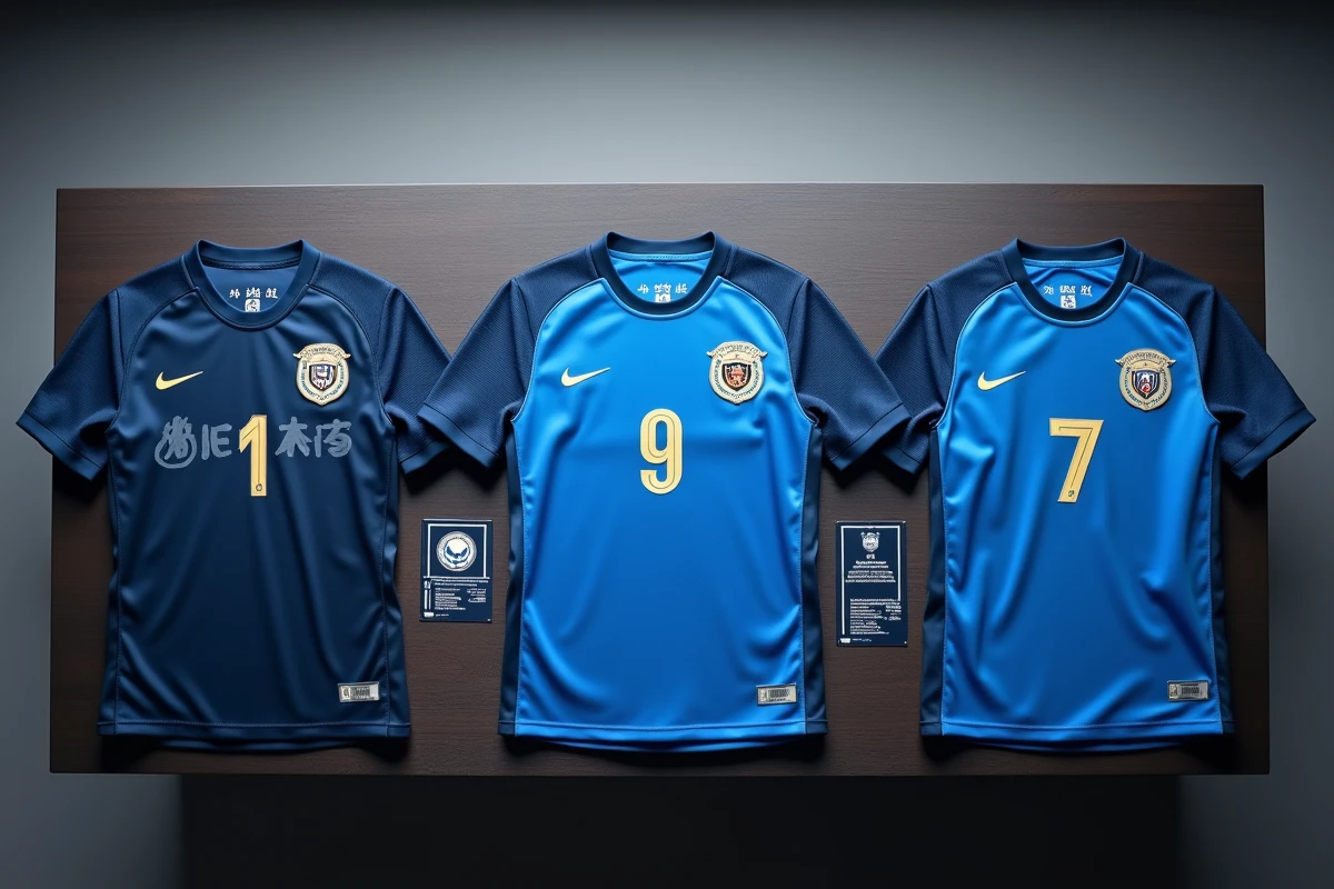 Trois maillots Blue Lock en édition limitée disposés en flat lay sur une surface en bois sombre avec étiquettes d'authenticité et cartes collector