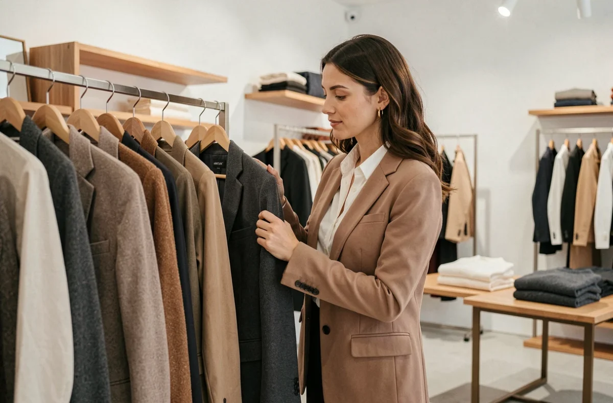 Femme élégante feuilletant des vêtements de prêt-à-porter féminin chez Maison 1.2.3 à Chartres