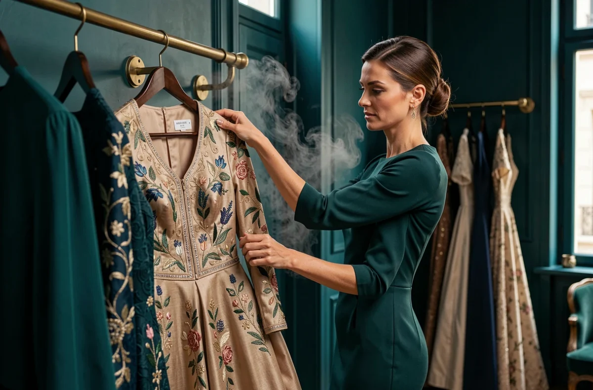 Maison Mathûvû à Lyon, boutique couture aux murs bleu canard avec robes de soirée brodées et fixtures laiton