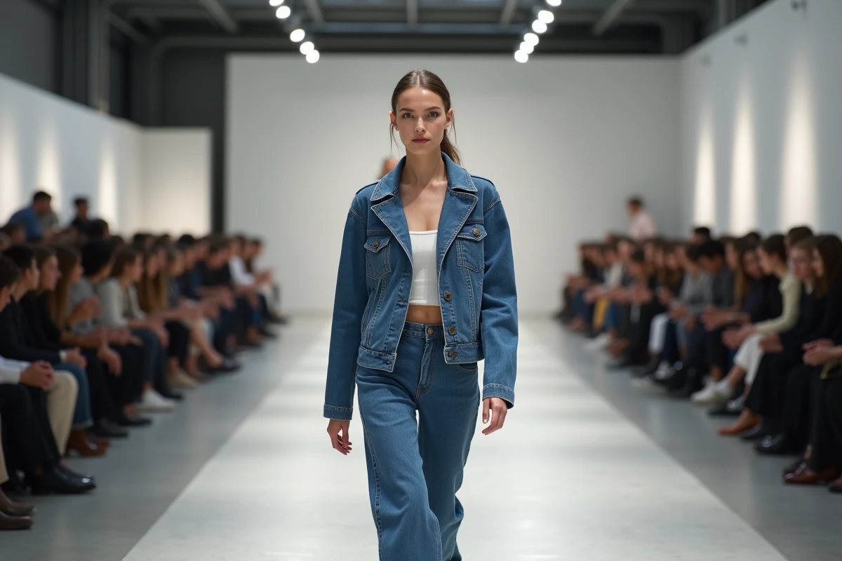 Mannequin féminine présentant une tenue en denim brut structuré sur un podium de mode contemporain avec public en arrière-plan flou