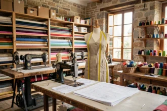 Atelier de couture typique du Grand Est avec machines à coudre, rouleaux de tissus et mannequin de couturière professionnelle