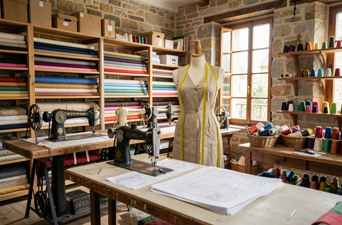 Atelier de couture typique du Grand Est avec machines à coudre, rouleaux de tissus et mannequin de couturière professionnelle