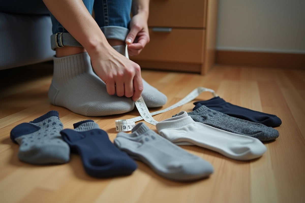 Personne mesurant une chaussette avec un ruban à mesurer