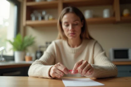 Femme mesurant son tour de doigt avec une bande de papier à la maison sans baguier
