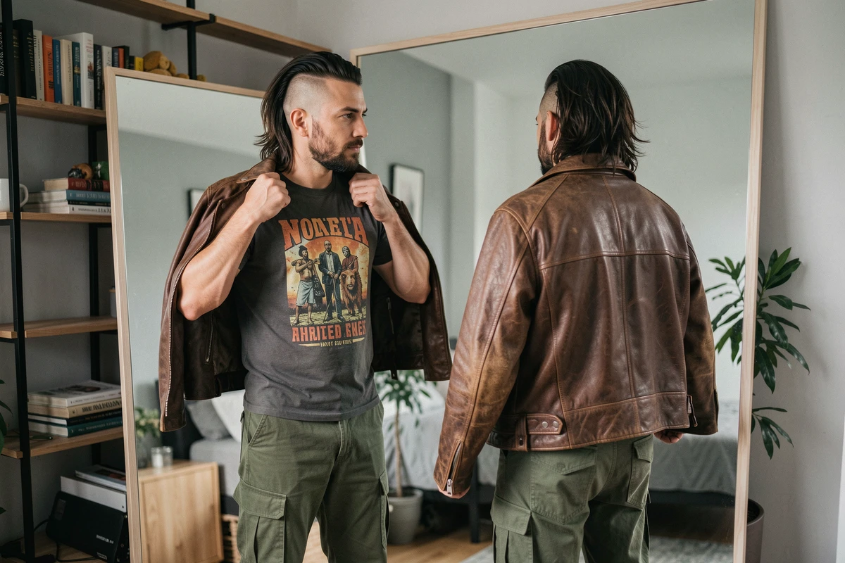Homme aux cheveux en mulet moderne avec côtés rasés regardant son reflet dans un miroir en pied dans un appartement contemporain