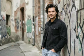 Homme jeune avec un mulet moderne en veste en jean noire appuyé contre un mur urbain texturé