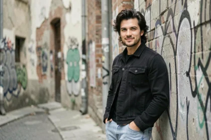 Homme jeune avec un mulet moderne en veste en jean noire appuyé contre un mur urbain texturé