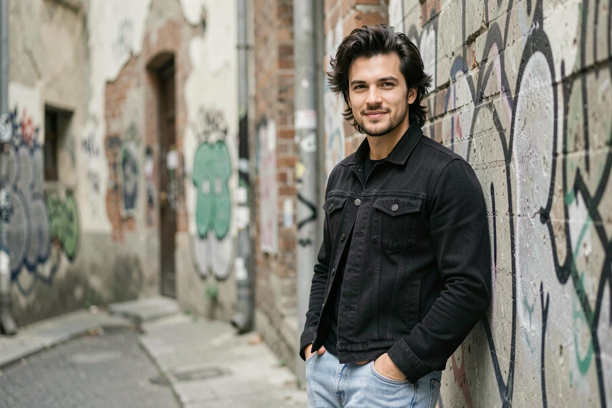 Homme jeune avec un mulet moderne en veste en jean noire appuyé contre un mur urbain texturé