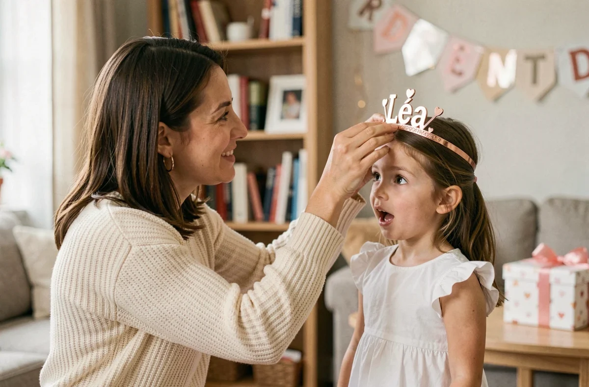 Femme offrant une couronne princesse personnalisée au prénom Léa à une petite fille souriante lors d'un anniversaire dans un salon cosy