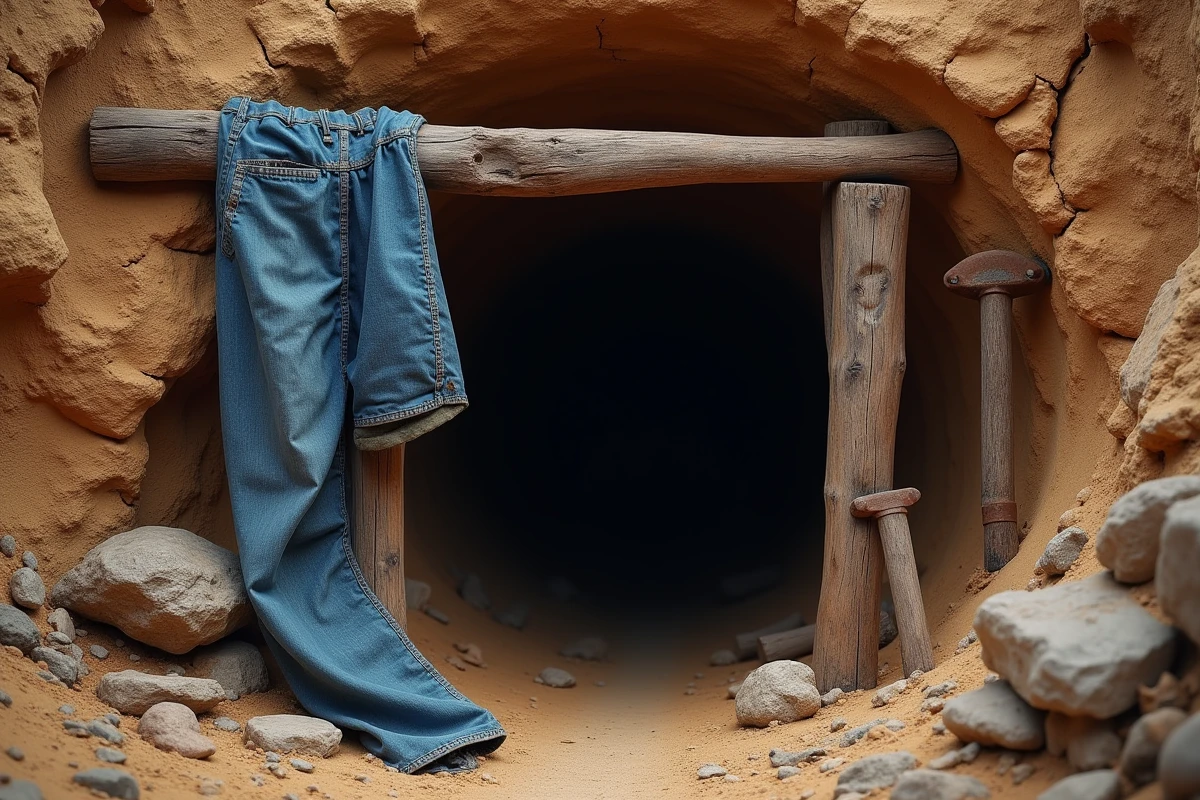 Entrée d'une mine de l'Ouest américain avec des vêtements en denim usé et des outils miniers anciens évoquant les origines ouvrières du jean