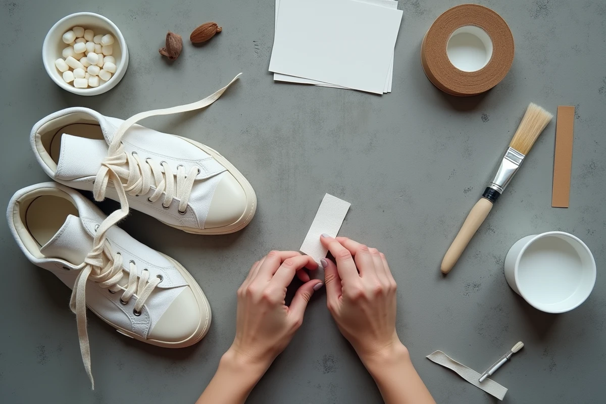 Vue à plat des outils de préparation de sneakers pour la peinture : papier de verre, ruban de masquage, alcool isopropylique et chaussures en toile
