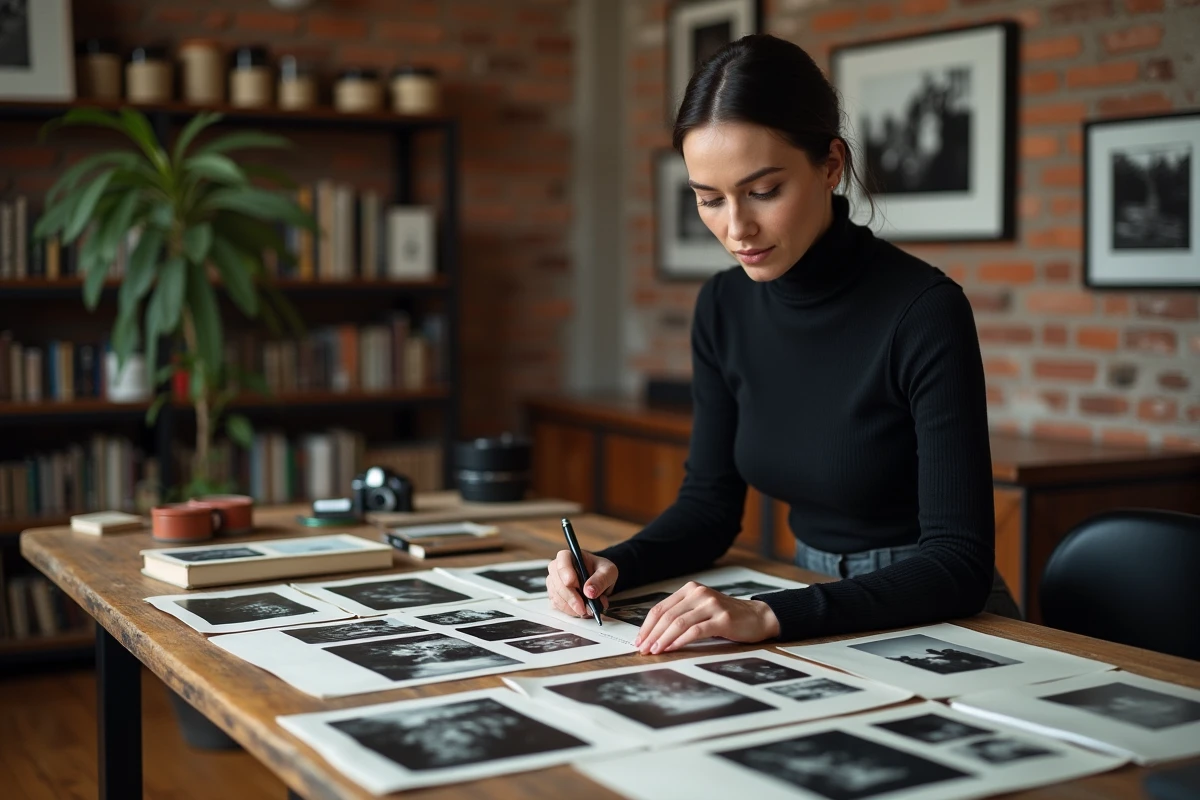 Photographe professionnelle examinant des planches contact dans un studio éditorial aux murs de briques avec des tirages noir et blanc encadrés