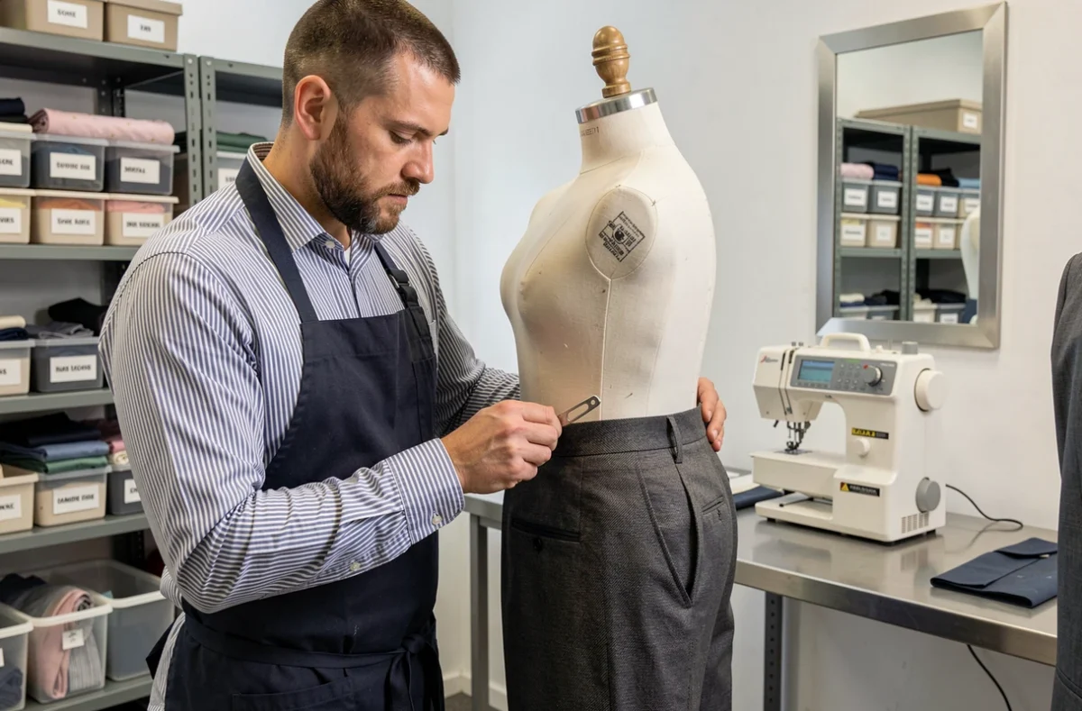 Tailleur de Point Retouche à Mulhouse décousant un pantalon de costume sur un mannequin dans son atelier moderne
