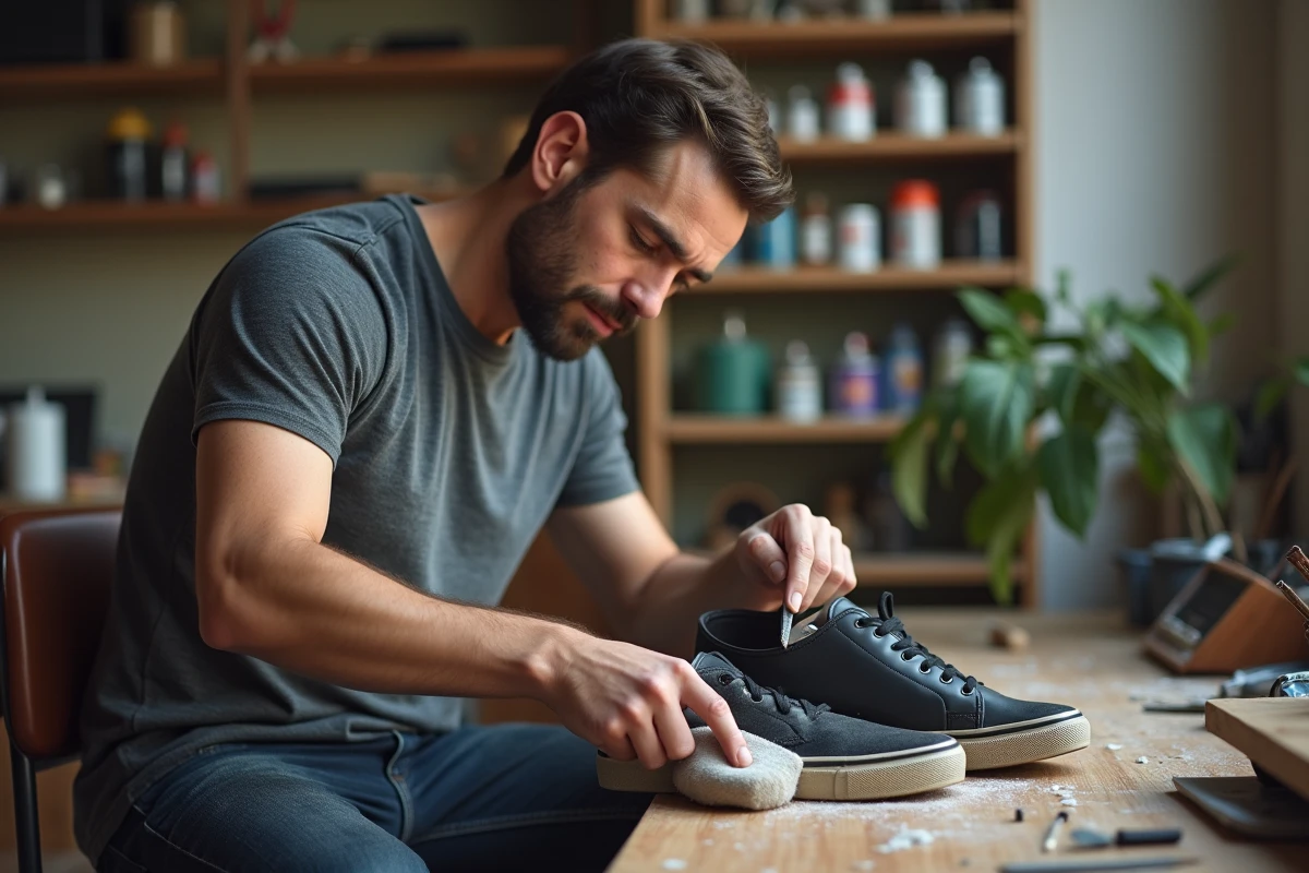 Homme ponçant la pointe d'une sneaker noire en cuir avec du papier abrasif lors de la préparation avant application de peinture pour chaussures
