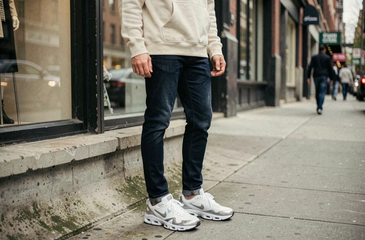 Jeune homme portant des Nike Shox Supreme blanches avec un jean indigo et un hoodie écru dans un cadre urbain