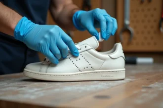 Préparation d'une sneaker blanche en cuir avant peinture, nettoyage à l'acétone avec des gants en nitrile sur un établi en bois