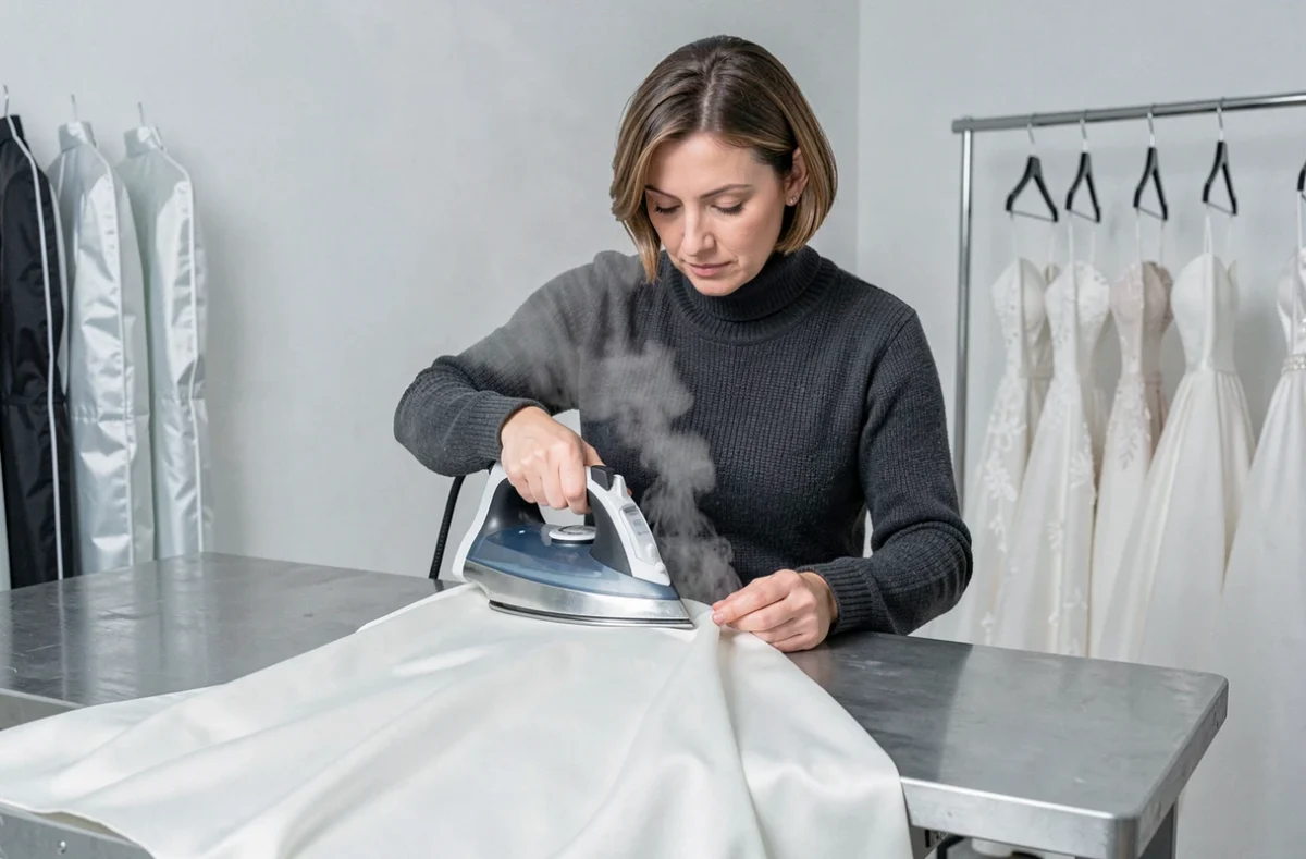 Couturière de Prestige Retouches à Reims repassant une robe de mariée en satin dans un atelier de retouches haut de gamme